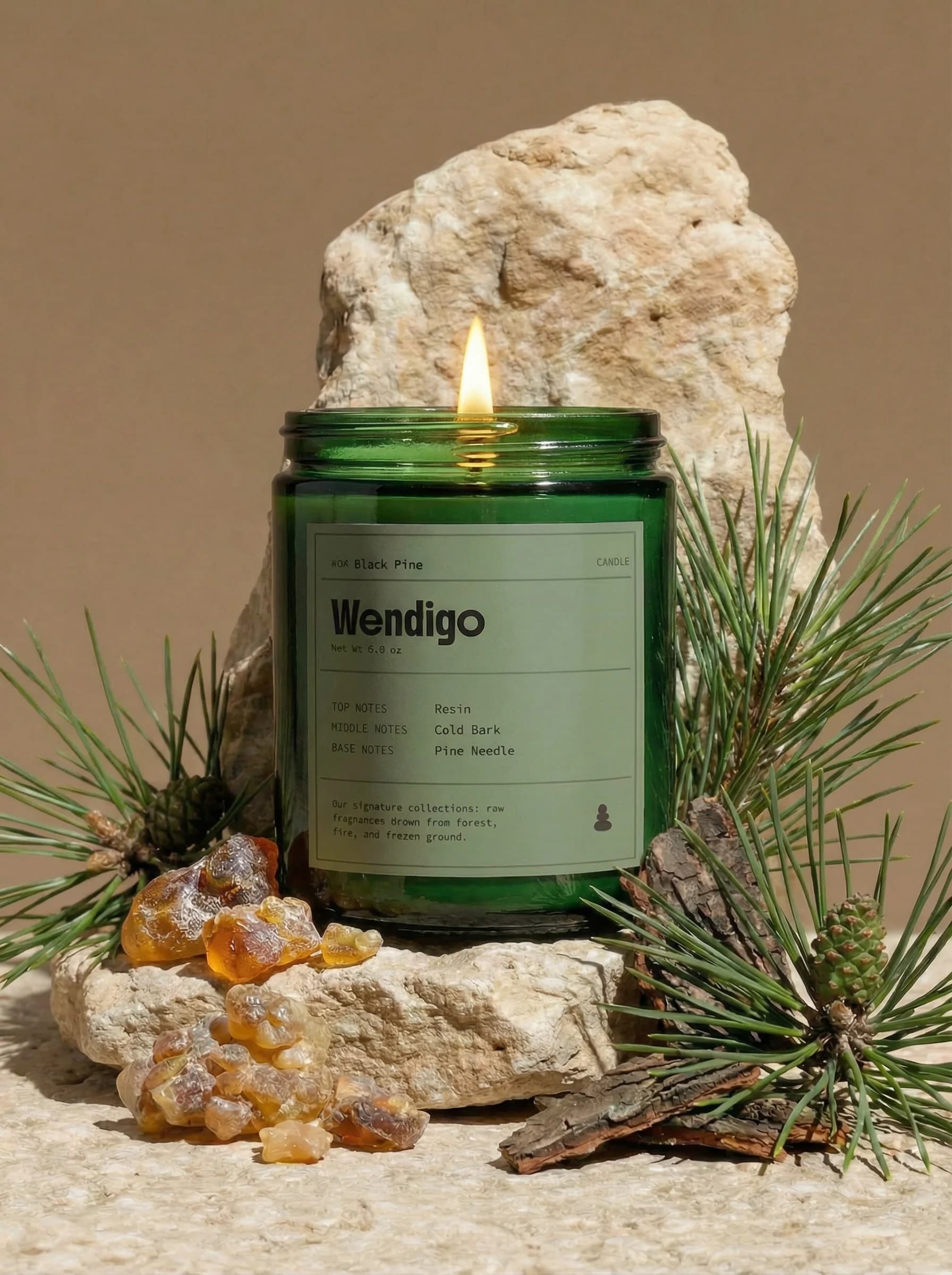 Black Pine Candle by Wendigo — Scotch pine needle, black pepper, Calabrian bergamot, soy-coconut wax blend candle, 220g / 7.8oz