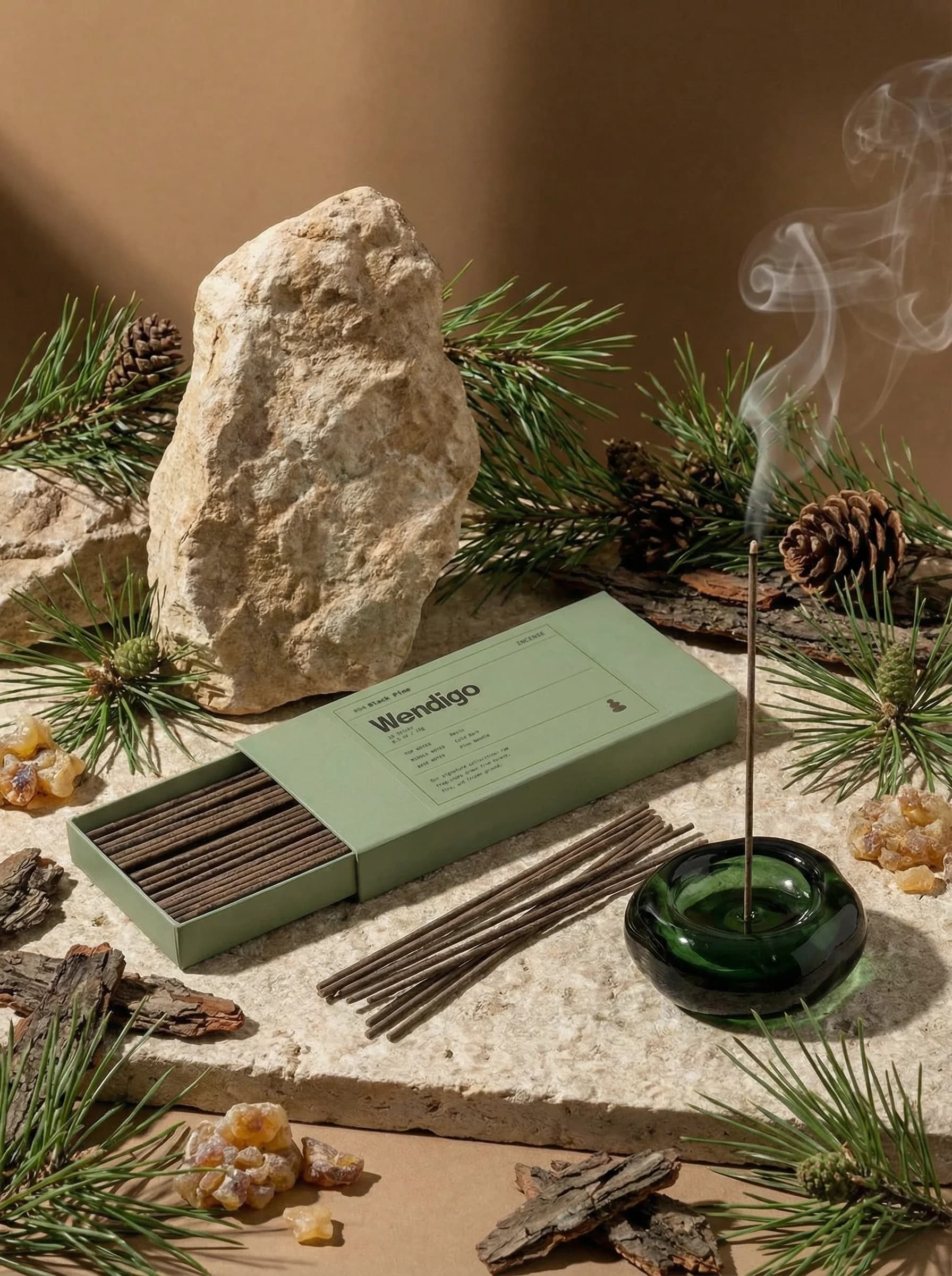 Black Pine Incense by Wendigo — Scotch pine needle, black pepper, Calabrian bergamot, hand-dipped incense sticks, 20 sticks / box