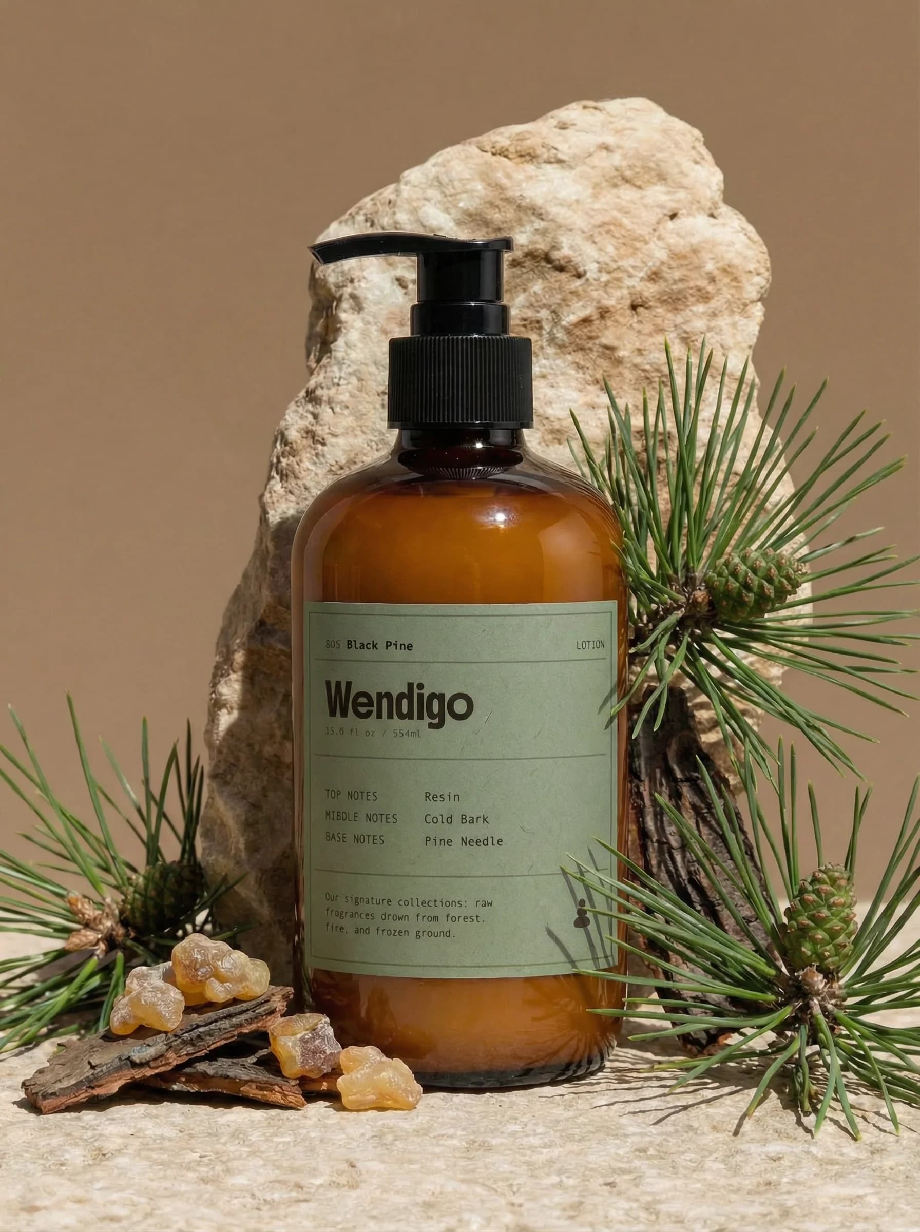 Black Pine Lotion by Wendigo — Scotch pine needle, black pepper, Calabrian bergamot, shea butter and squalane lotion, 200ml / 6.8 fl oz