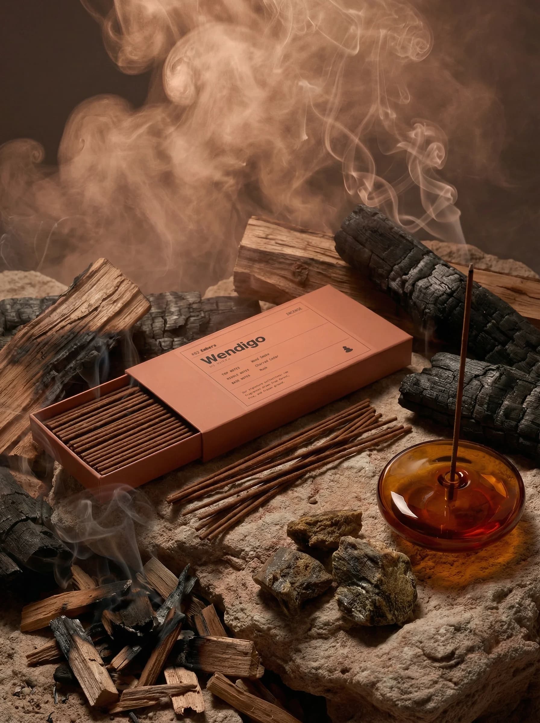 Embers Incense by Wendigo — Black tea, smoked birch, pink pepper, hand-dipped incense sticks, 20 sticks / box