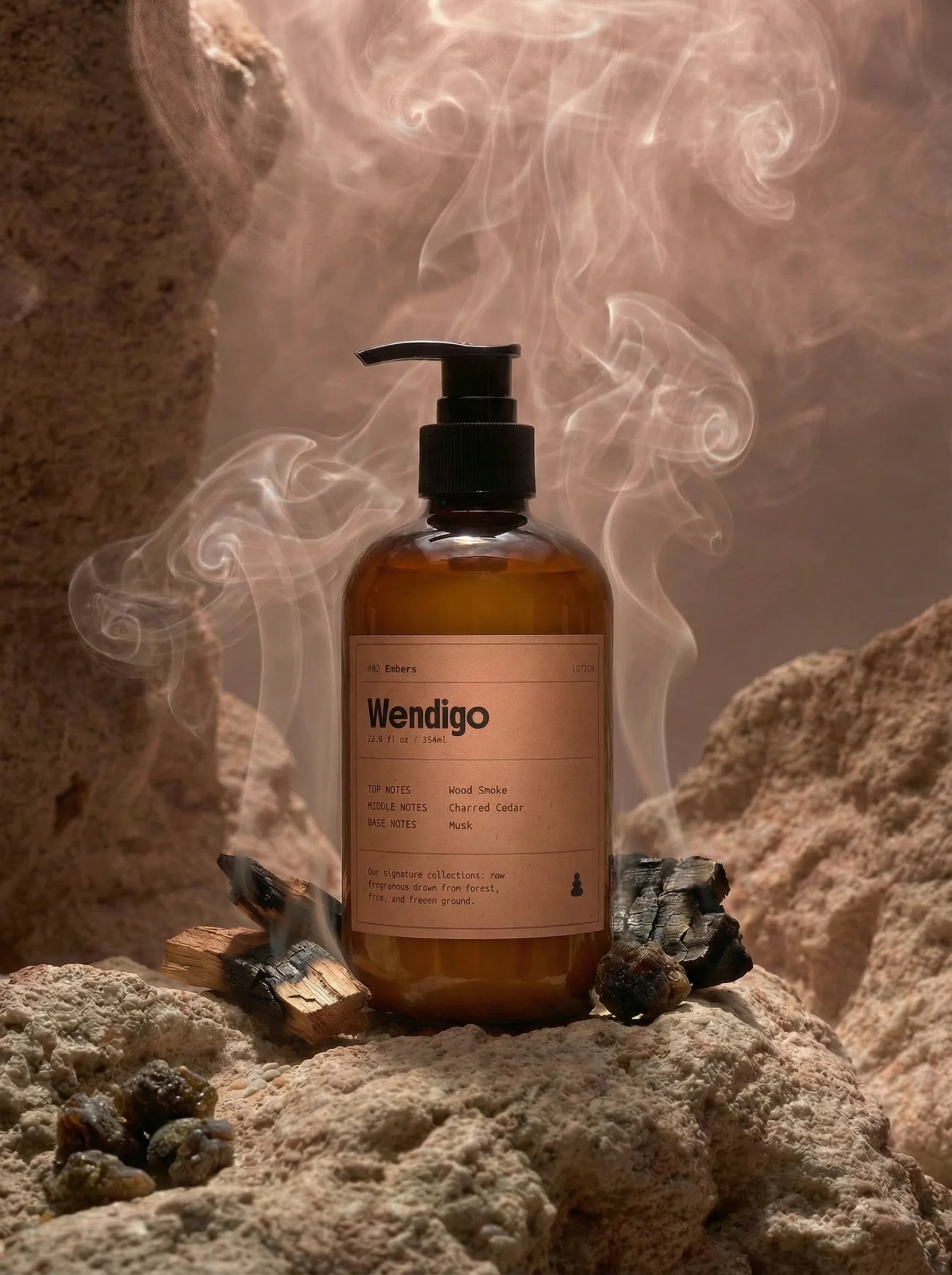 Embers Lotion by Wendigo — Black tea, smoked birch, pink pepper, shea butter and squalane lotion, 200ml / 6.8 fl oz