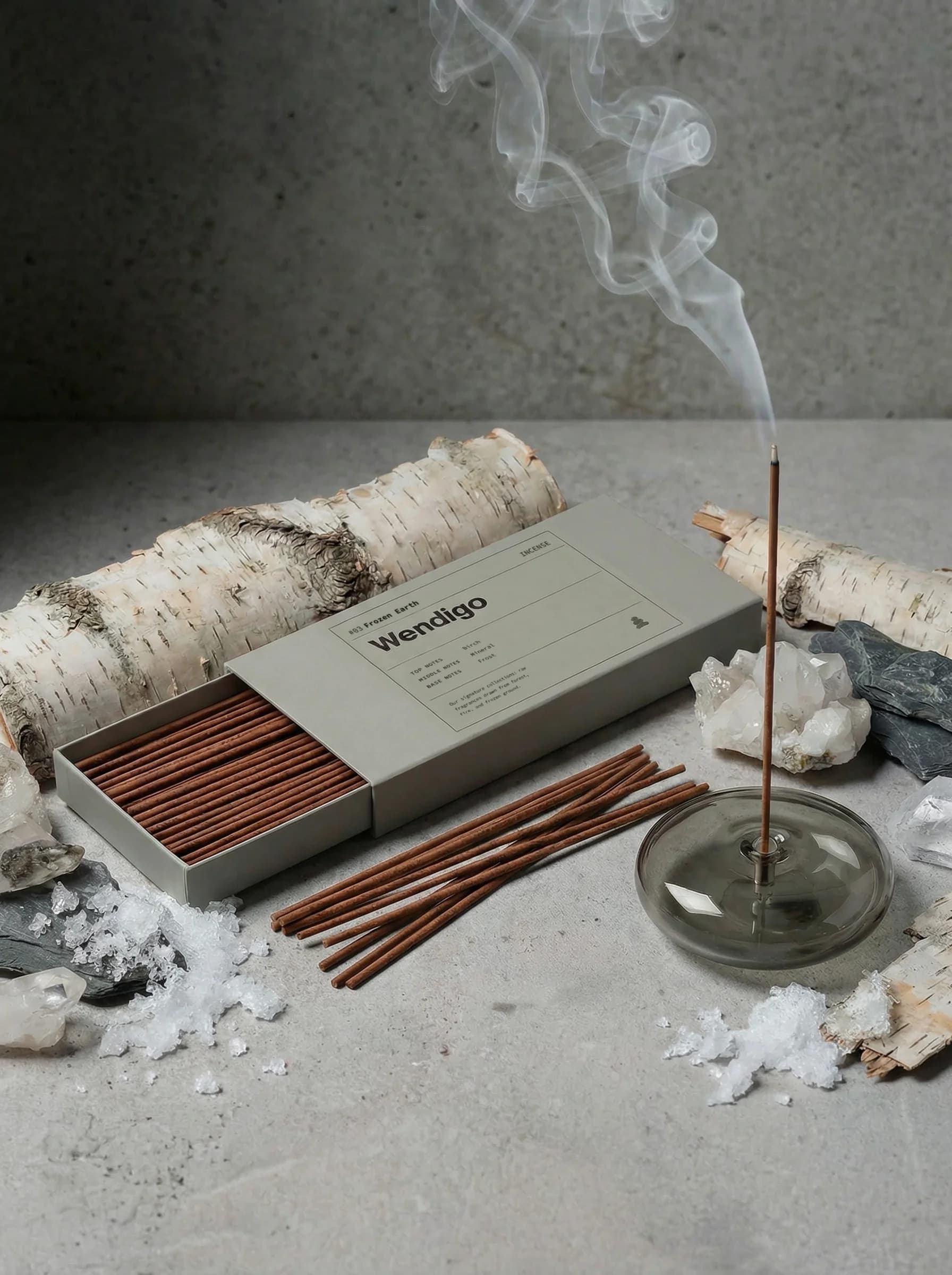 Frozen Earth Incense by Wendigo — Ozonic accord, iris root, juniper berry, hand-dipped incense sticks, 20 sticks / box